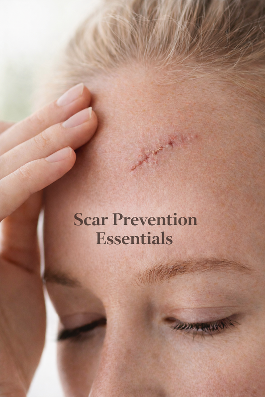 close up of a forehead of a woman with a scar with text that reads scar prevention essentials